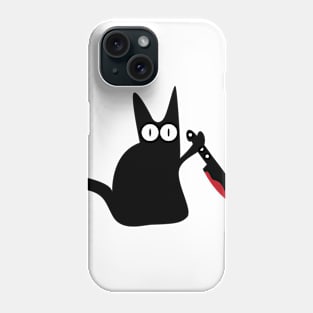 black spooky cat with bloody knife Phone Case