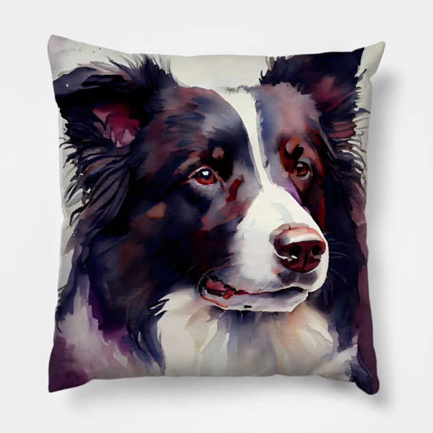 A Black and White Border Collie Watercolor Portrait Pillow by designs4days