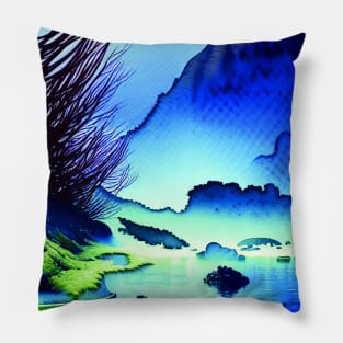 Blue Landscape Of Mountains and Plants Pillow