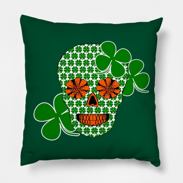 St Patricks Day Skull with Shamrocks Pillow by Scarebaby