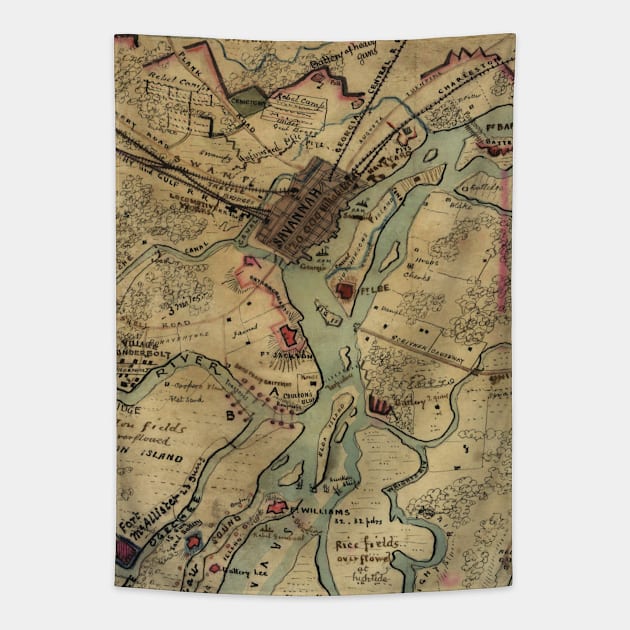 Vintage Savannah Georgia Civil War Map (1864) Tapestry by Bravuramedia