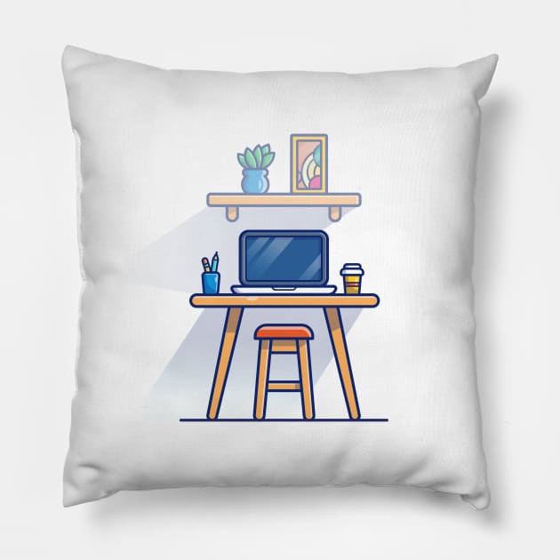 Table, Chair, Laptop, Cup, Stationary, Plant, And Picture Cartoon Pillow by Catalyst Labs
