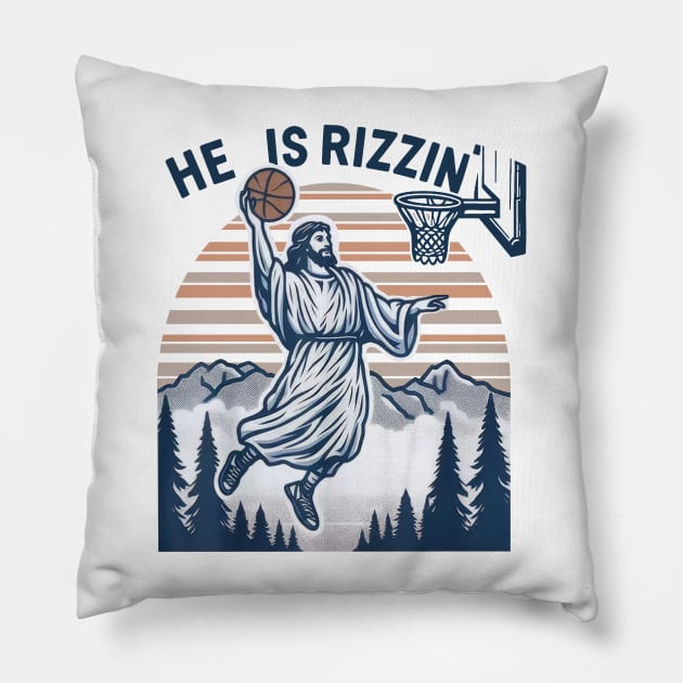 He Is Rizzin Basketball Jesus Retro Easter Christian Pillow by celestewilliey