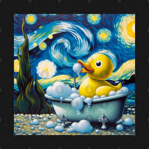 Starry Night Duck: Whimsical Bubble Bath Day Tee in Van Gogh Style by Edd Paint Something