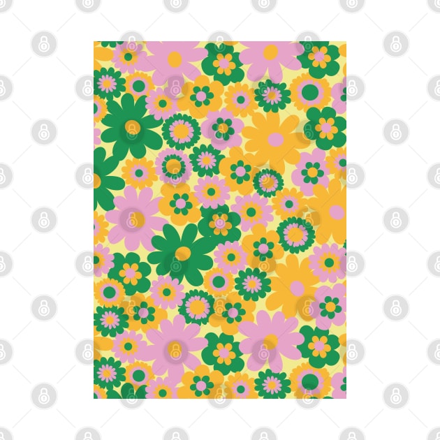 60s retro flower power, retro green, orange, pink, 60s groovy pattern, hippie flowers by blomastudios