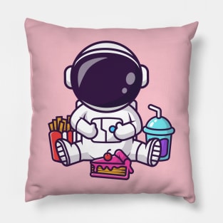 Cute Fat Astronaut Eating Cake With French Fries And Soda Cartoon Pillow