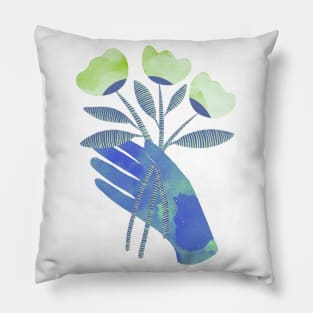 Blue hand with green flowers for you Pillow