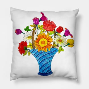 Pencil Art Sketch A Pot Of Colorful Handdrawn Flower Bouquet Pillow