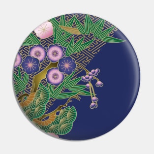 Cherry blossoms, pine tree and bamboo on blue Pin
