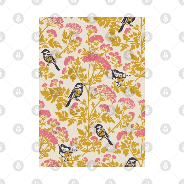 Hemlock with Chickadee Birds in Pink and Mustard Yellow Floral Repeat Pattern by NattyDesigns