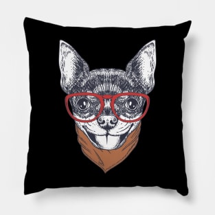 chihuahua dog hand drawn wearing a red glasses and bandana Pillow