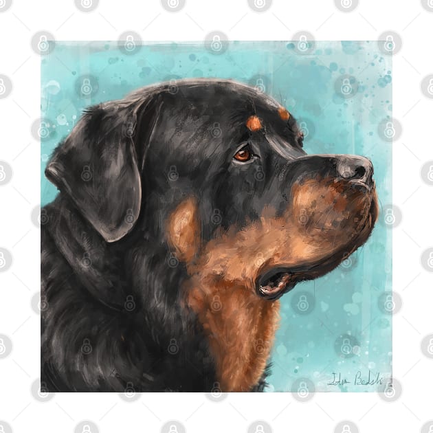 Painting of an Adorable Rottweiler from the Side, Light Blue Spattered Background by ibadishi