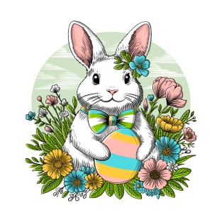 Easter bunny illustration with egg and flowers T-Shirt