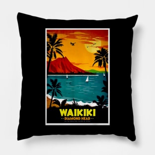 Waikiki Hawaii Diamond Head Tourism Advertising Print Pillow