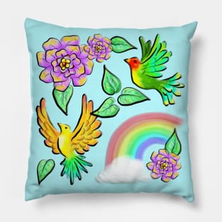 Birds Flowers and Rainbows Doodle Pattern Pillow