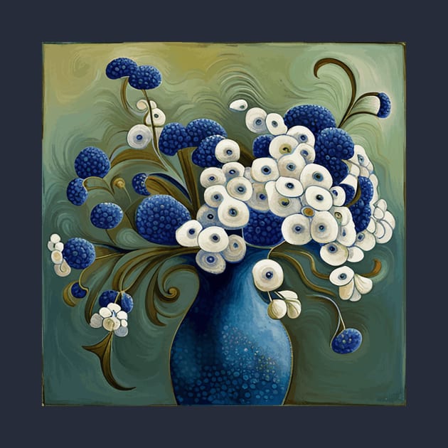 Cute Abstract Flowers in a Blue Vase Still Life Painting by bragova