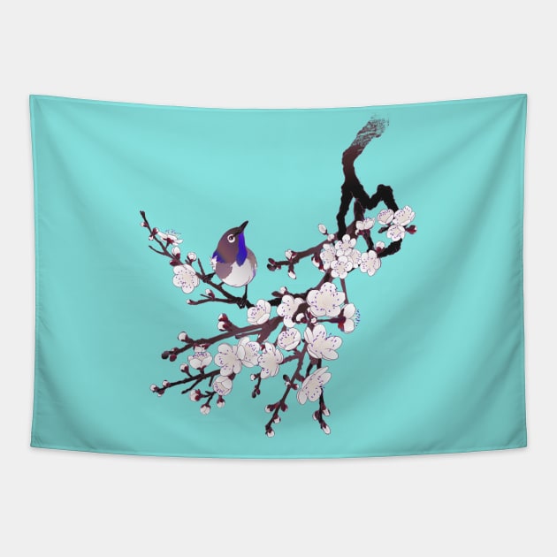 Japanese sakura blossoms and bird Tapestry by Blacklinesw9