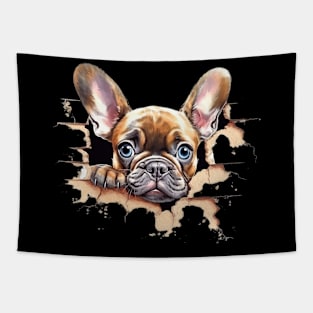 Adorable French Bulldog | Frenchie | Puppy Dog Looking Through Hole Wall Tapestry