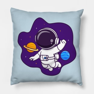 Cute Astronaut Floating In Space With Planet Cartoon Pillow
