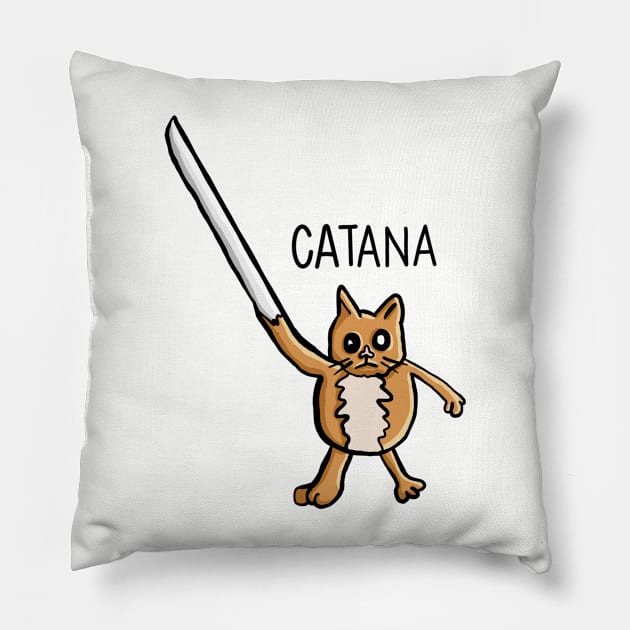 Catana, Funny Cat Pun katana arm Digital Illustration Pillow by AlmightyClaire