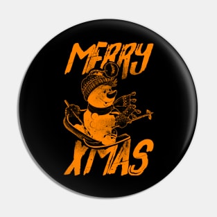 Skiing Snowman - Merry Xmas - Orange Pin