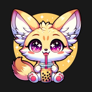 Kawaii Anime Fennec Fox Drinking Boba Bubble Tea T-Shirt