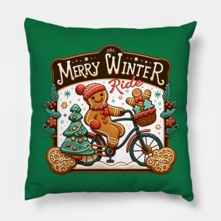 Merry Winter Ride - Gingerbread cookie riding a bike Pillow