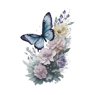 Butterfly around Flowers | Scattered Watercolor in Pastel Colors T-Shirt