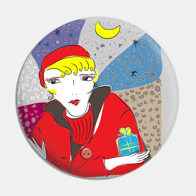 Woman with gift and moon Pin by Slownessi