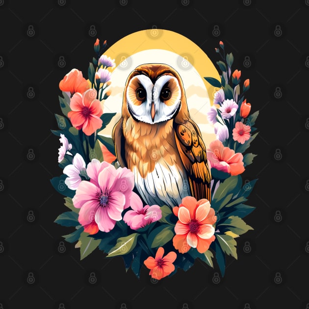 Cute European Barn Owl Surrounded by Bold Vibrant Spring Flowers by BirdsnStuff