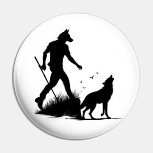 Moonlit Encounter: Wolf and Werewolf Silhouettes Pin