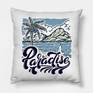 Beach Tropical Paradise Surfing Mountains Palm Tree Landscape Design Pillow