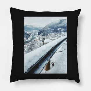 Scandinavian Winter - Fresh-Fallen Snow on Guardrail With White Valley in Background Pillow