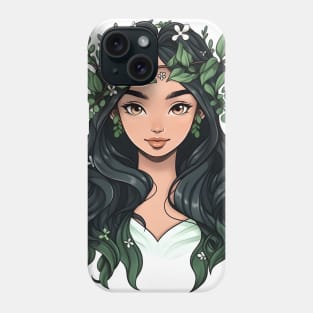 Cartoon Style Portrait - Young Woman with long flowery hair Phone Case