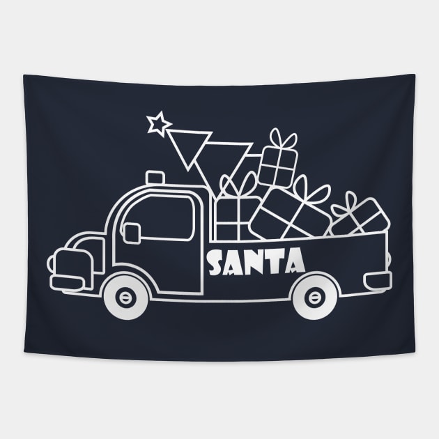 Outline white Christmas truck with gift boxes side view Tapestry by Cute-Design