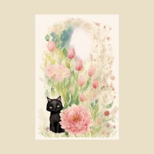 Black Kitty in Flower Garden Soft Pastel Colors T-Shirt