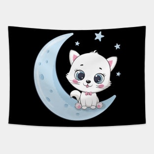 Cute cat sitting on a moon Tapestry