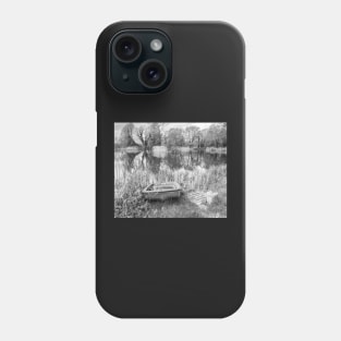 Boat on the bank of a rural lake in the Norfolk countryside, UK Phone Case