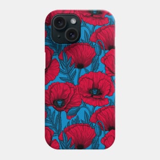 Red poppy garden on blue Phone Case