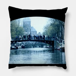 Amsterdam city view of canals bridge and buildings Pillow