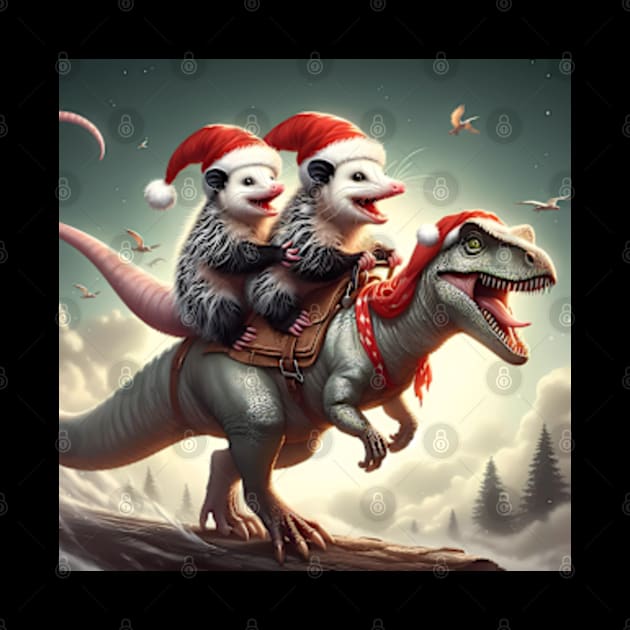 Two Santa opossums on an adventurous dinosaur trex ride by BrisaArtPrints