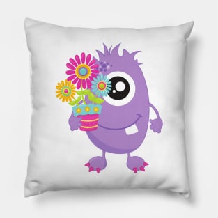 Spring Monster, Purple Monster, Colorful Flowers Pillow