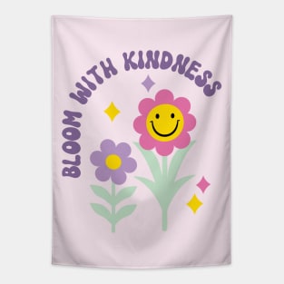 Bloom with Kindness, Retro Flowers and Smiley Face Tapestry