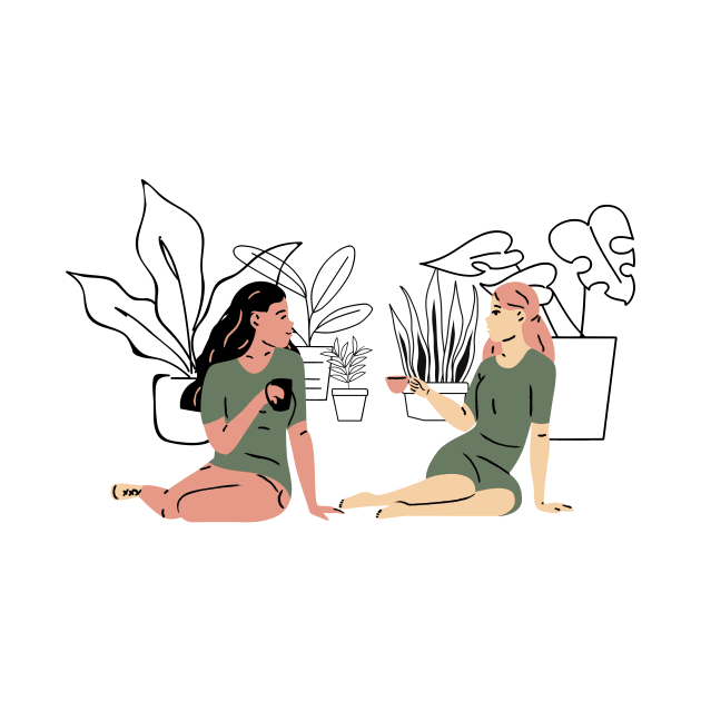 Childhood Best Friends Having Coffee Next to Plants by A.P.