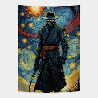 Starry Night Shadows: Van Gogh's Ninja Nightfall Tapestry