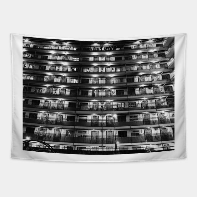 Black and White Monster Apartment, Hong Kong, China, Photography Tapestry by MrWho Design