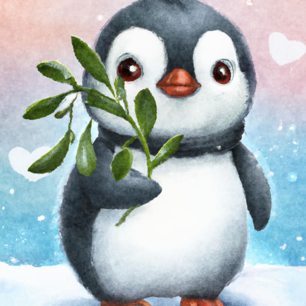 Penguin- Pucker up. Cute penguin with mistletoe Kids T-Shirt by Off the Page