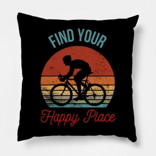 Find Your Happy Place: Retro Sunset Bicyclist Silhouette Pillow