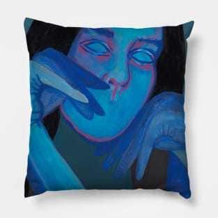 Blue sad girl portrait Pillow