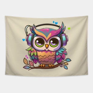 Colorful Musical Pinky Owl Perched on a Tree Tapestry